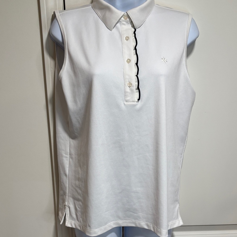 Tory Sport White Sleeveless Button-Down Shirt with Black Trim